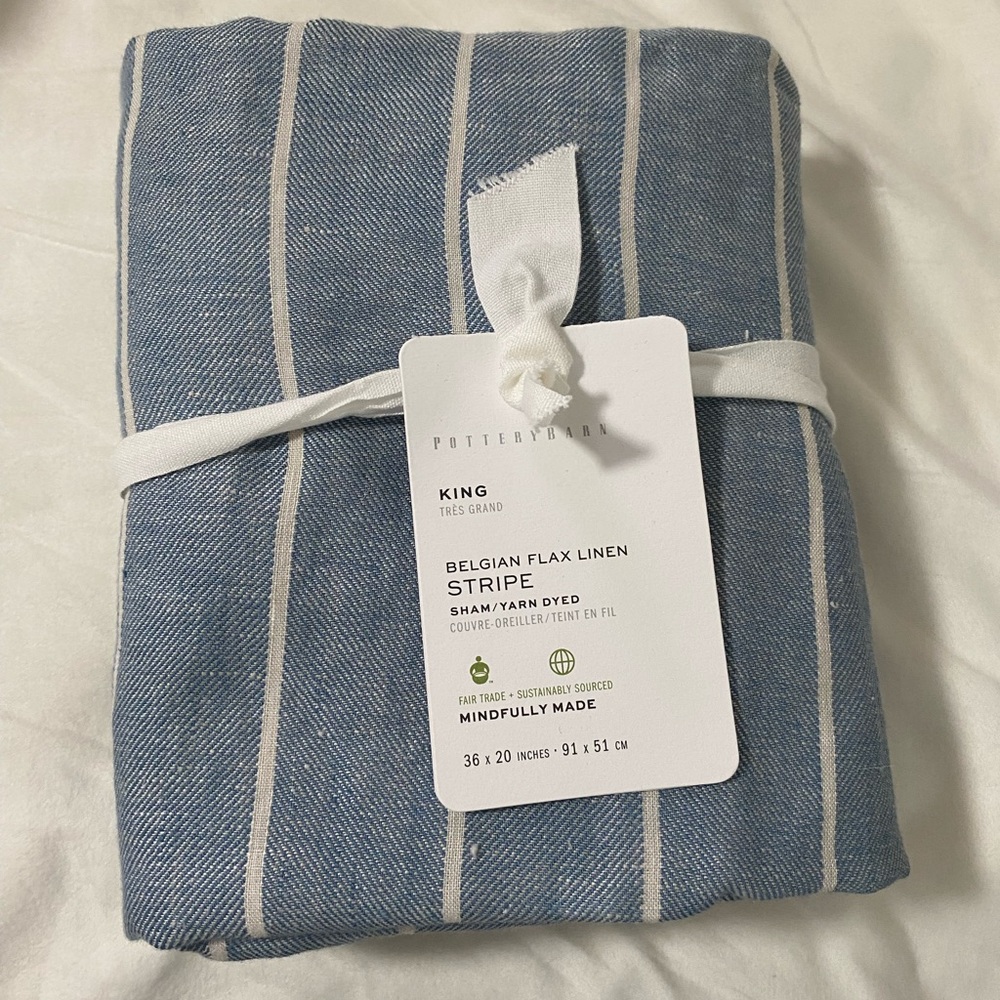 Pottery Barn Bedding | Belgian Linen Stripe Standard Sham Chambray/Flax